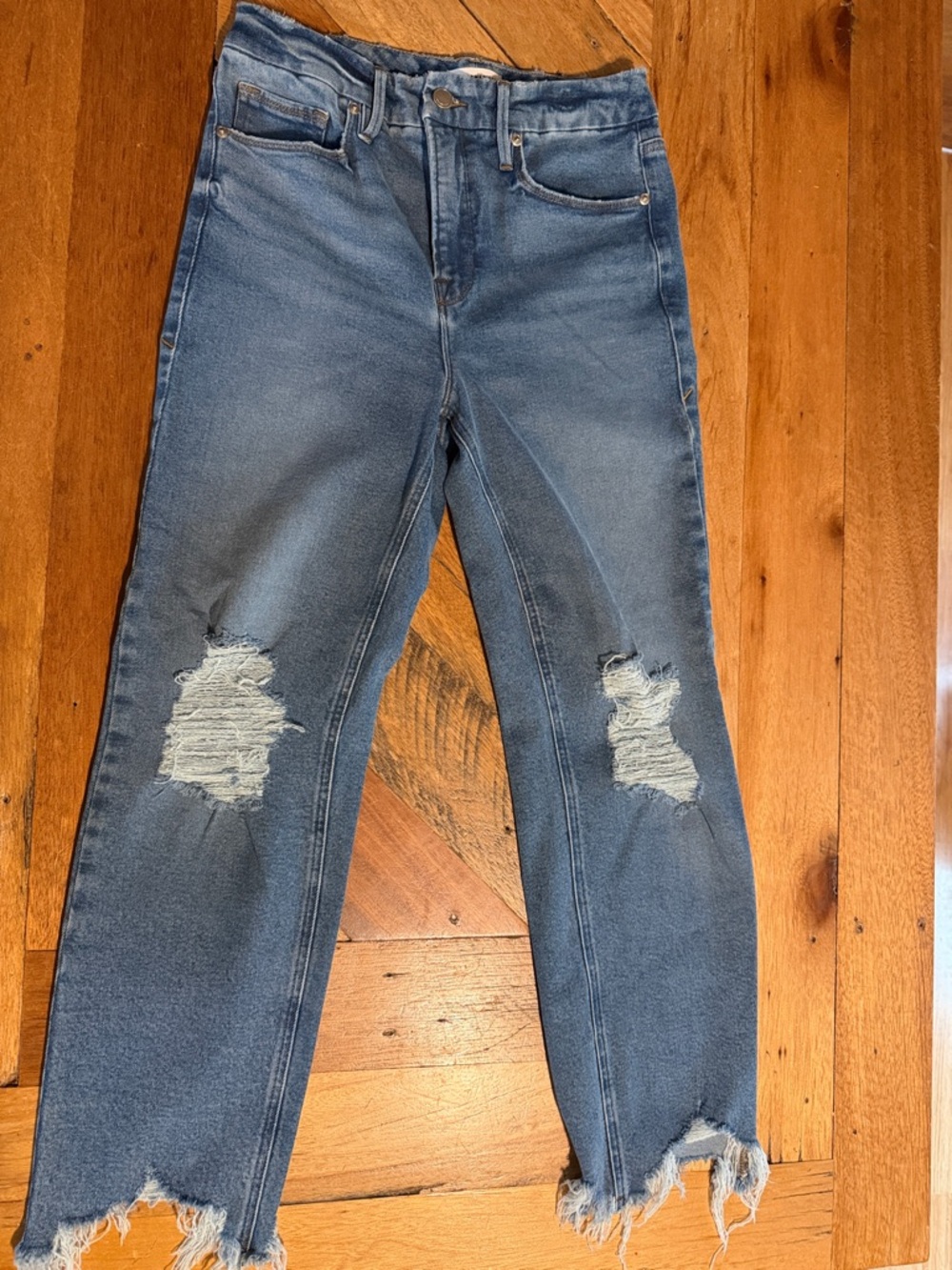 Good American Women's Straight Leg Distressed Blue Jeans